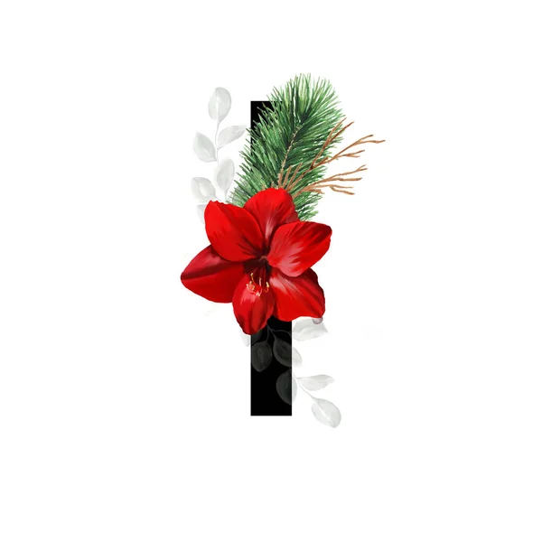 資本金の手紙私は赤いアマリリスの花と松の小枝で飾られた クリスマスの装飾が施された英語のアルファベットの手紙 — ストック写真
