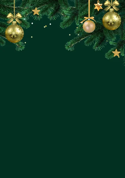 Arany Karácsonyi Labdák Csillogó Kiemeli Egy Sötét Zöld Gradiens Ünnepi — Stock Fotó