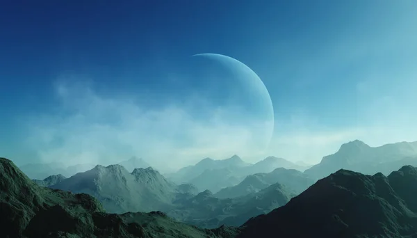 Renderizado Arte Espacial Planeta Extraterrestre Paisaje Fantasía Con Cielos Azules — Foto de Stock