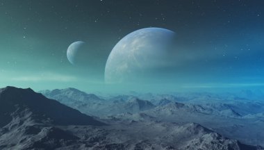 3D Yapılandırılmış Uzay Sanatı: Uzaylı Gezegeni - Mavi gökyüzü ve yıldızlı Fantezi Manzarası