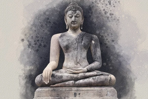 Akvarell Målning Buddha Staty Tecken Fred Och Visdom — Stockfoto