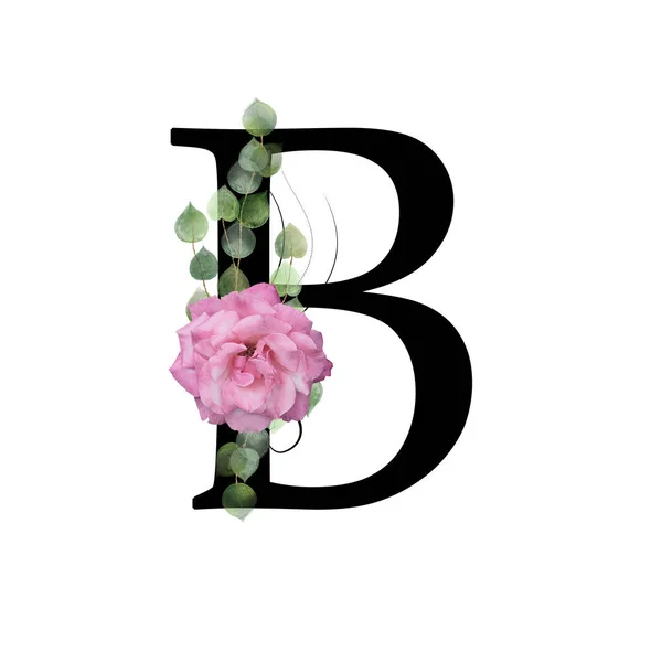 Blumenmonogramm Buchstabe Verziert Mit Rosa Rose Und Aquarellblättern — Stockfoto