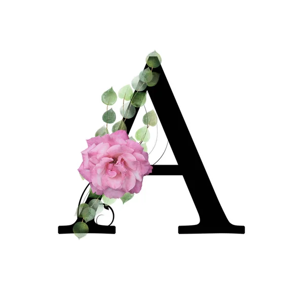 Monograma Floral Letra Decorado Com Rosa Rosa Folhas Aquarela — Fotografia de Stock
