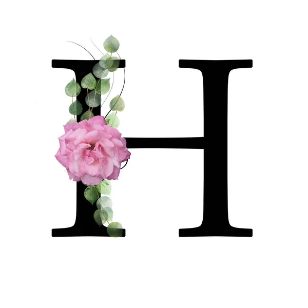 Monograma Floral Letra Decorado Com Rosa Rosa Folhas Aquarela — Fotografia de Stock