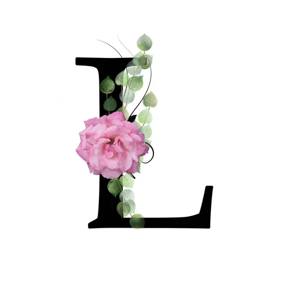 분홍색 장미와 나뭇잎으로 장식된 대문자 알파벳의 — 스톡 사진
