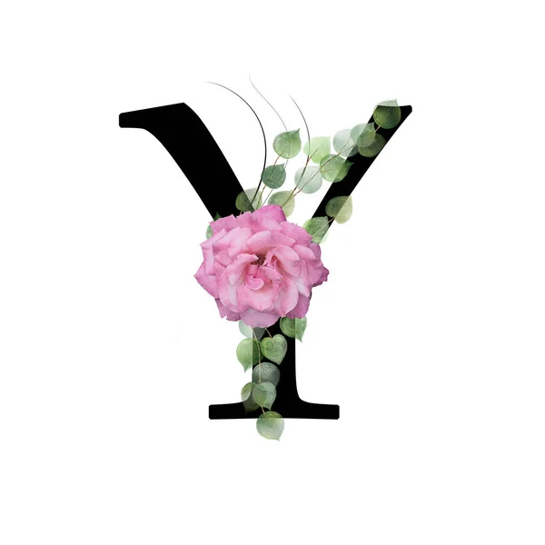분홍색 장미와 나뭇잎으로 장식된 대문자 알파벳의 — 스톡 사진