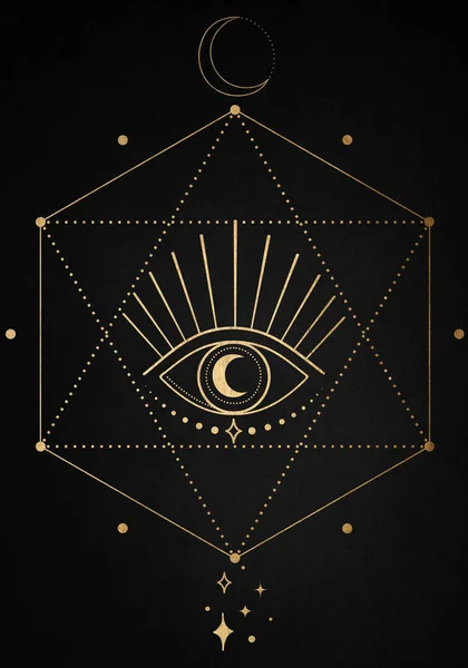 神聖な幾何学記号の上に黄金の目 入れ墨のスケッチ 神秘的なシンボル 錬金術 オカルト 精神性 着色本 — ストック写真