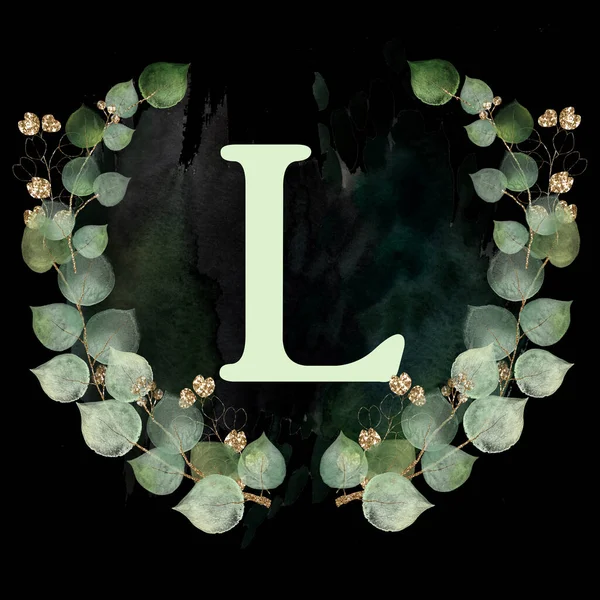 Nagybetű Arany Zöld Levelekkel Díszítve Angol Ábécé Levele Virágdíszítéssel Sötét — Stock Fotó