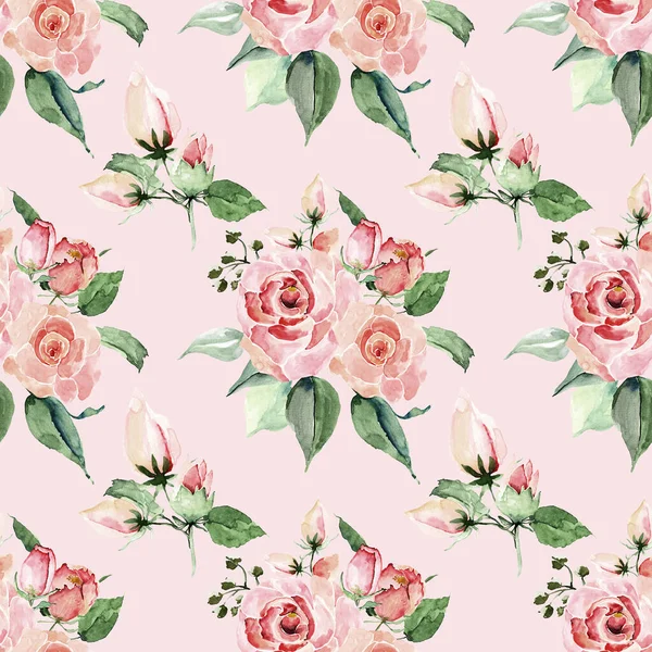 Rózsaszín Rózsa Virágok Fényes Rózsaszín Háttér Nyomtatáshoz Virágos Zökkenőmentes Minta — Stock Fotó