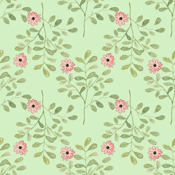 无缝隙的背景与粉红色的花朵涂鸦 明亮的绿色背景 用于制作纺织品 纸张的奢华图案 浪漫的植物图解 — 图库照片
