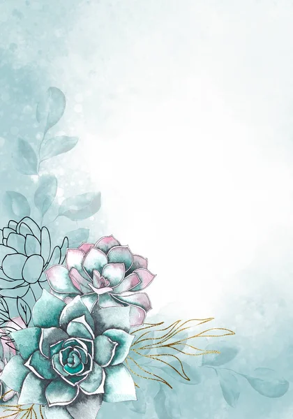 Pale Blue Green Leaves Flowers Botanical Design Banner Floral Pastel — Stock Photo, Image