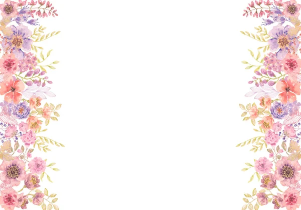 Πολύχρωμα Φύλλα Και Λουλούδια Banner Βοτανικό Σχεδιασμό Floral Παστέλ Υδατογραφία — Φωτογραφία Αρχείου