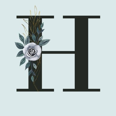 Capital letter H decorated with golden swirls. watercolor flower and leaves. Letter of the English alphabet with floral decoration. Green foliage.