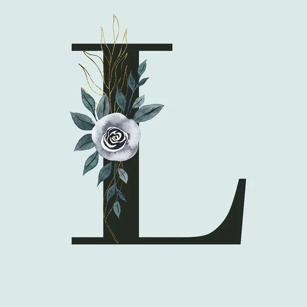Lettre Majuscule Ornée Tourbillons Dorés Aquarelle Fleur Feuilles Lettre Alphabet — Photo