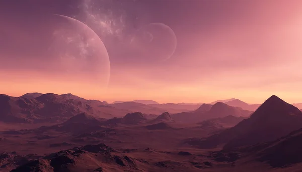 Рендеринг Space Art Alien Planet Фантастичний Пейзаж Червоним Небом Зірками — стокове фото