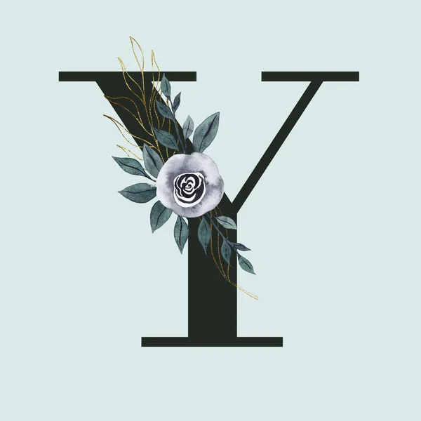 대문자 소용돌이로 장식됩니다 수채화와 나뭇잎 알파벳의 — 스톡 사진
