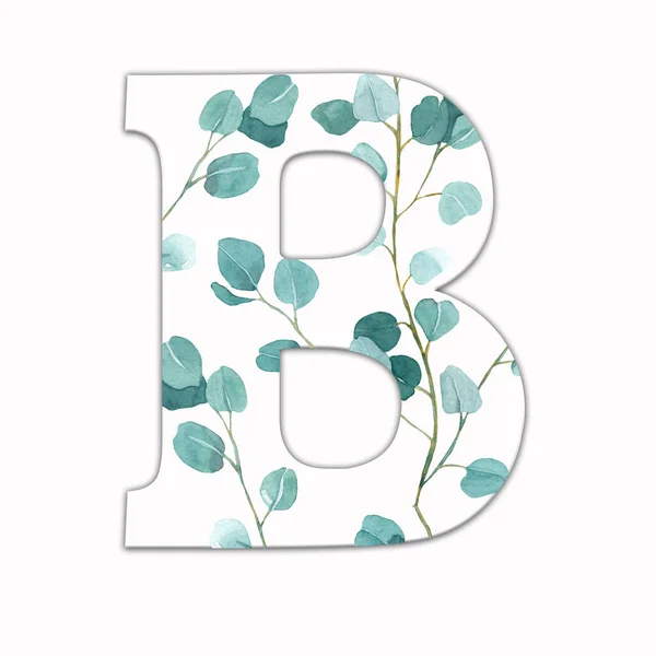 緑の葉で飾られた大文字のB 花の装飾と英語のアルファベットの手紙 緑の葉 — ストック写真