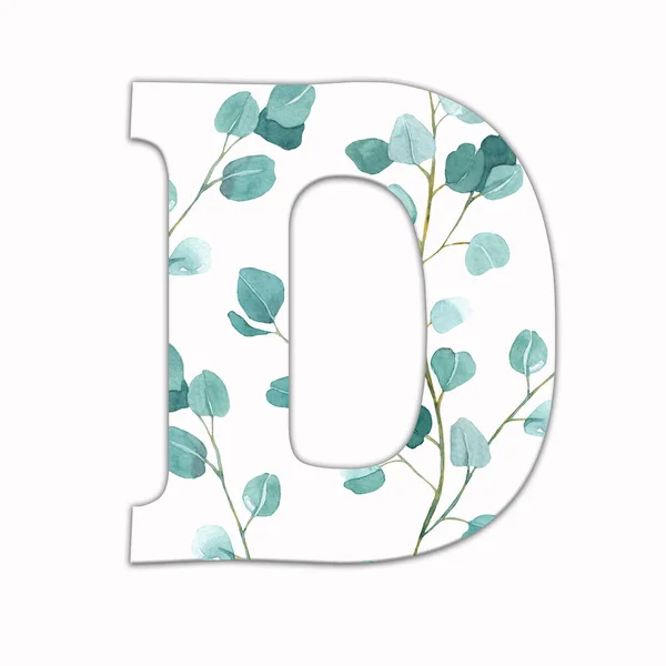 緑の葉で飾られた大文字D 花の装飾と英語のアルファベットの手紙 緑の葉 — ストック写真