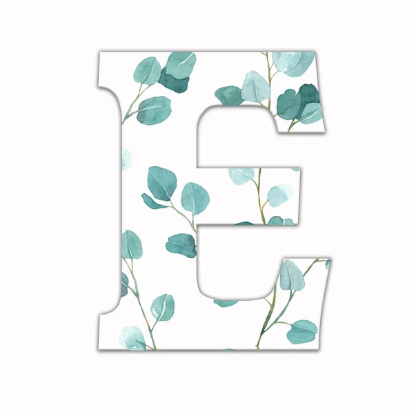 緑の葉で飾られた大文字E 花の装飾と英語のアルファベットの手紙 緑の葉 — ストック写真