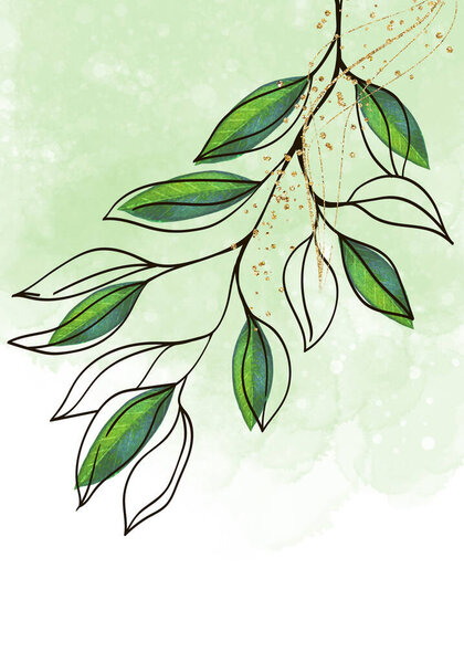 Graphical Green Leaves Illustration Floral Line Art Pattern Background Stock Image