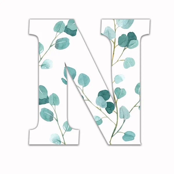 緑の葉で飾られた大文字のN 花の装飾と英語のアルファベットの手紙 緑の葉 — ストック写真