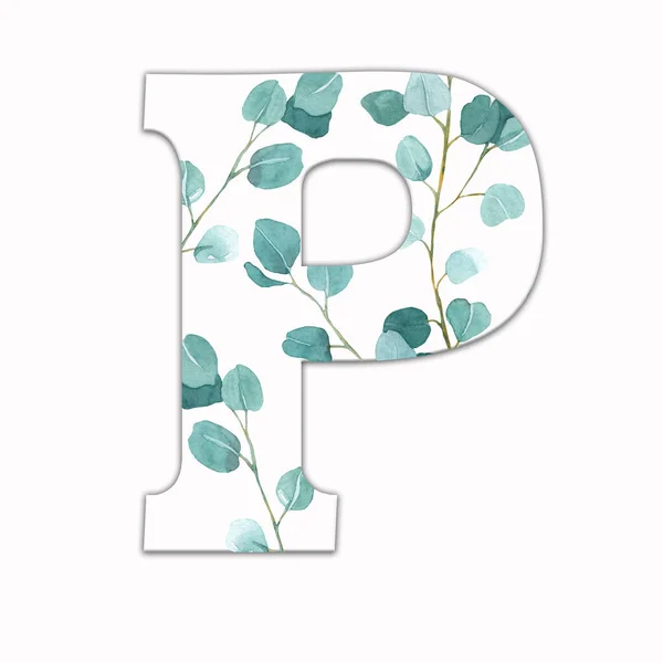 緑の葉で飾られた大文字P 花の装飾と英語のアルファベットの手紙 緑の葉 — ストック写真
