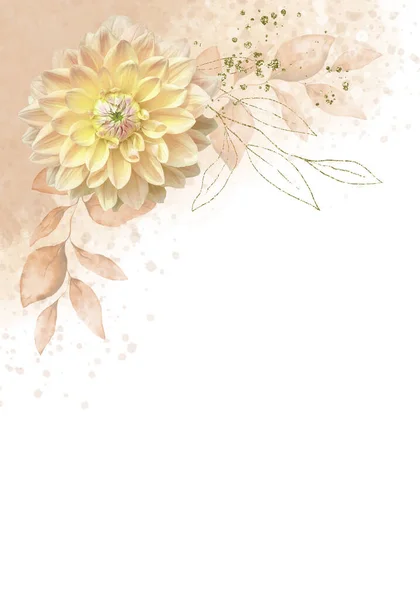 Pale Watercolor Dahlia Flower Leaves White Background Vertical Botanical Design — Stok fotoğraf