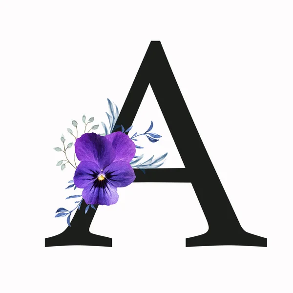 Capital letter A decorated with pansy flower and blue green leaves. Letter of the English alphabet with floral decoration. Floral letter.
