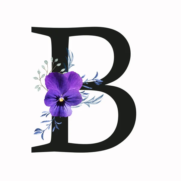 Capital letter B decorated with pansy flower and blue green leaves. Letter of the English alphabet with floral decoration. Floral letter.