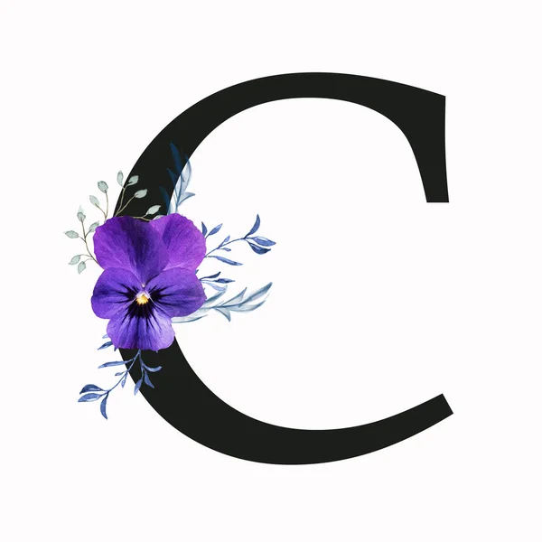 Capital letter C decorated with pansy flower and blue green leaves. Letter of the English alphabet with floral decoration. Floral letter.