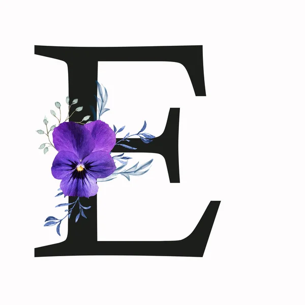 Capital letter E decorated with pansy flower and blue green leaves. Letter of the English alphabet with floral decoration. Floral letter.