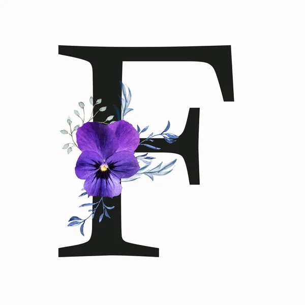 Capital letter F decorated with pansy flower and blue green leaves. Letter of the English alphabet with floral decoration. Floral letter.