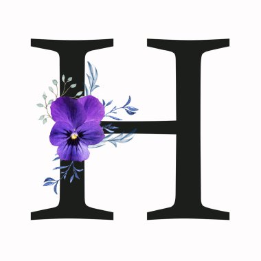 Capital letter H decorated with pansy flower and blue green leaves. Letter of the English alphabet with floral decoration. Floral letter.