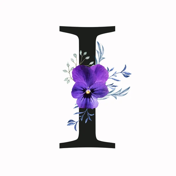 Capital letter I decorated with pansy flower and blue green leaves. Letter of the English alphabet with floral decoration. Floral letter.