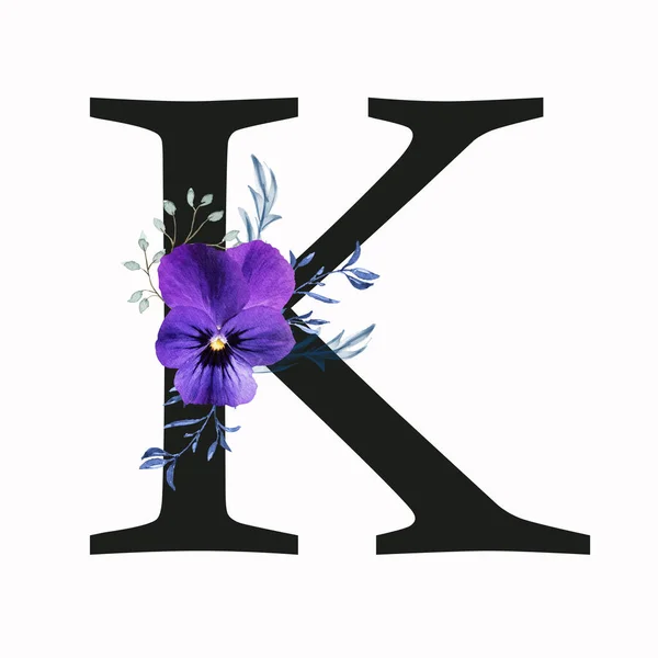 Capital Letter Decorated Pansy Flower Blue Green Leaves Letter English — Stok fotoğraf