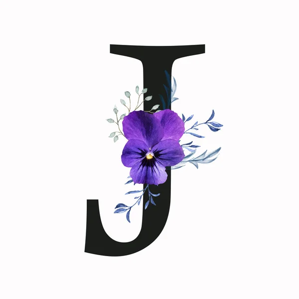 Capital letter J decorated with pansy flower and blue green leaves. Letter of the English alphabet with floral decoration. Floral letter.