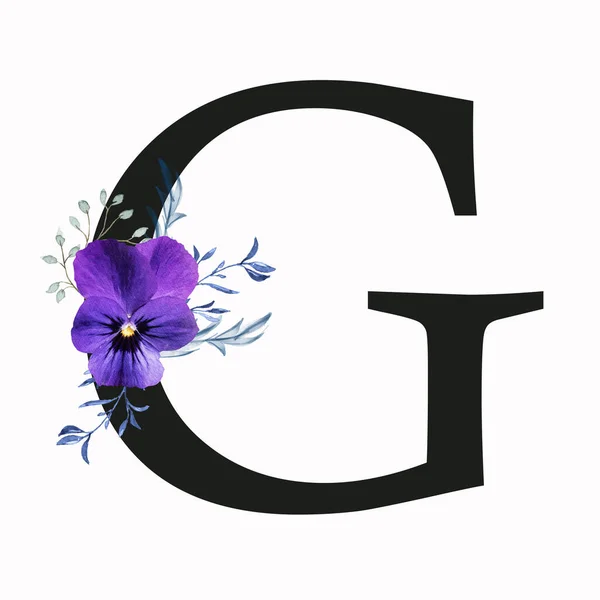 Capital letter G decorated with pansy flower and blue green leaves. Letter of the English alphabet with floral decoration. Floral letter.