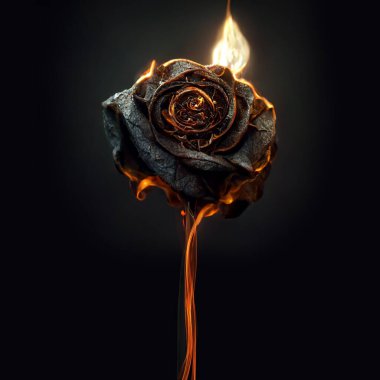 Aesthetic burning rose flower, realistic flame effect on dark background