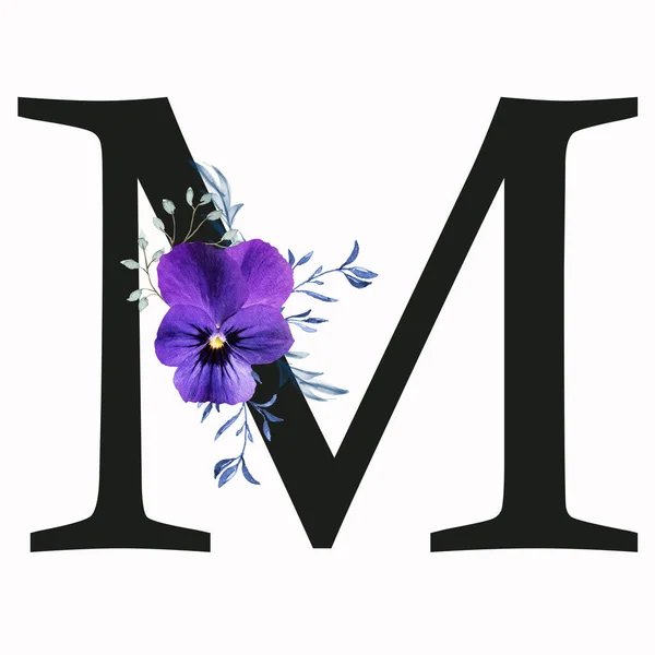 Capital letter M decorated with pansy flower and blue green leaves. Letter of the English alphabet with floral decoration. Floral letter.