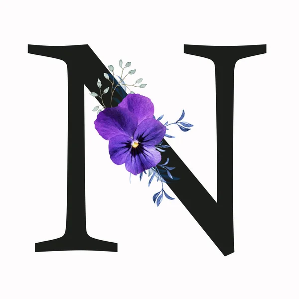 Capital letter N decorated with pansy flower and blue green leaves. Letter of the English alphabet with floral decoration. Floral letter.