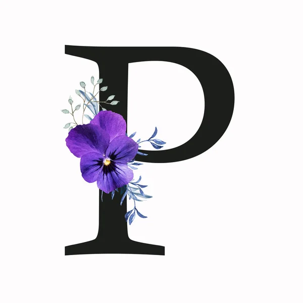 Capital letter P decorated with pansy flower and blue green leaves. Letter of the English alphabet with floral decoration. Floral letter.