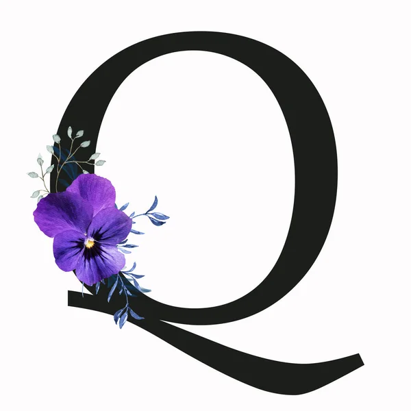 Capital letter Q decorated with pansy flower and blue green leaves. Letter of the English alphabet with floral decoration. Floral letter.