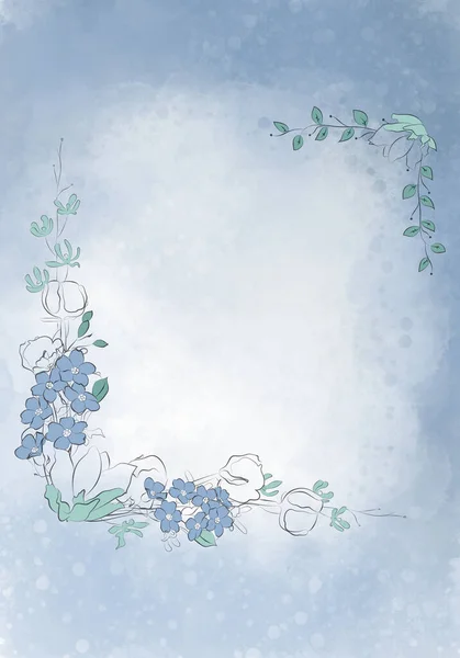 Бледно Синие Зеленые Листья Ботанический Дизайн Баннера Цветочная Пастельная Рамка — стоковое фото