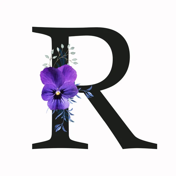 Capital letter R decorated with pansy flower and blue green leaves. Letter of the English alphabet with floral decoration. Floral letter.