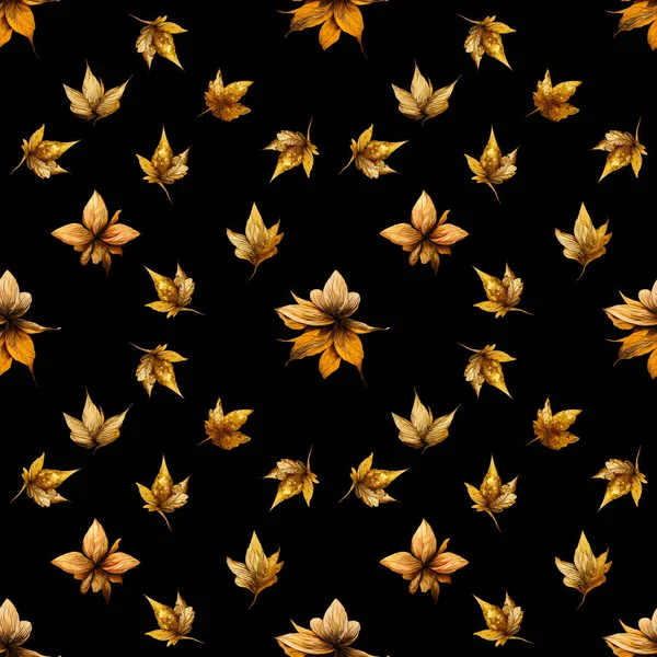 Seamless Background Golden Leaf Doodles Black Background Luxury Pattern Creating — 图库照片