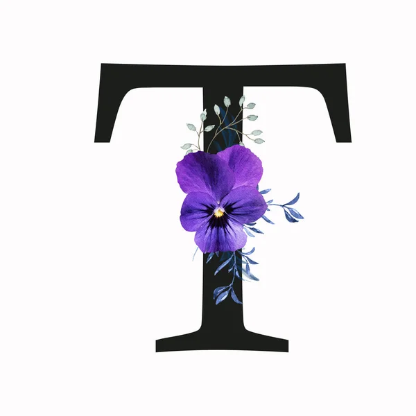 Capital letter T decorated with pansy flower and blue green leaves. Letter of the English alphabet with floral decoration. Floral letter.