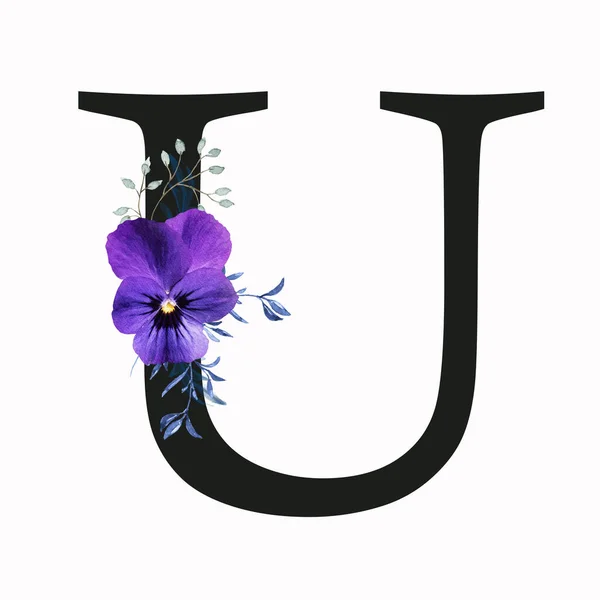 Capital letter U decorated with pansy flower and blue green leaves. Letter of the English alphabet with floral decoration. Floral letter.