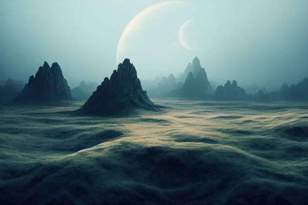 Renderad Rymdkonst Alien Planet Ett Fantasilandskap Med Blå Himmel Och — Stockfoto