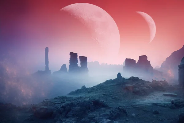 Απόδοση Space Art Alien Planet Μια Φαντασία Τοπίο Κόκκινο Ουρανό — Φωτογραφία Αρχείου