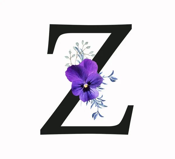 Capital letter Z decorated with pansy flower and blue green leaves. Letter of the English alphabet with floral decoration. Floral letter.